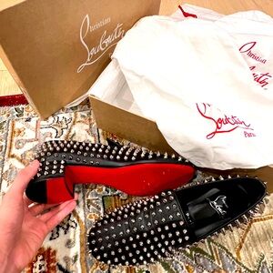 NWT Christian Louboutin MSRP $1695 Black Silver Studded Healed Loafers 37